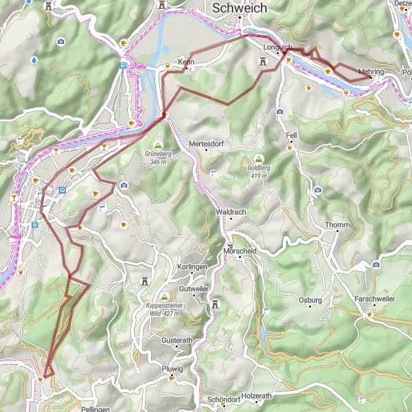 Karten-Miniaturansicht der Radinspiration "Mehringer Berg und Thiels-Burg Tour" in Trier, Germany. Erstellt vom Tarmacs.app-Routenplaner für Radtouren