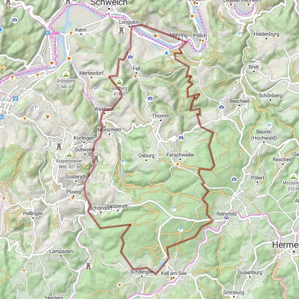 Karten-Miniaturansicht der Radinspiration "Hubertusberg und Goldberg Rundfahrt" in Trier, Germany. Erstellt vom Tarmacs.app-Routenplaner für Radtouren