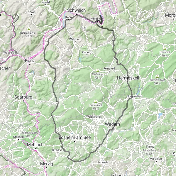 Map miniature of "The Ultimate Road Adventure" cycling inspiration in Trier, Germany. Generated by Tarmacs.app cycling route planner