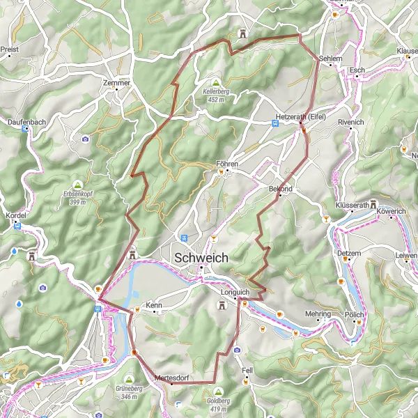 Map miniature of "Eitelsbach Gravel Adventure" cycling inspiration in Trier, Germany. Generated by Tarmacs.app cycling route planner