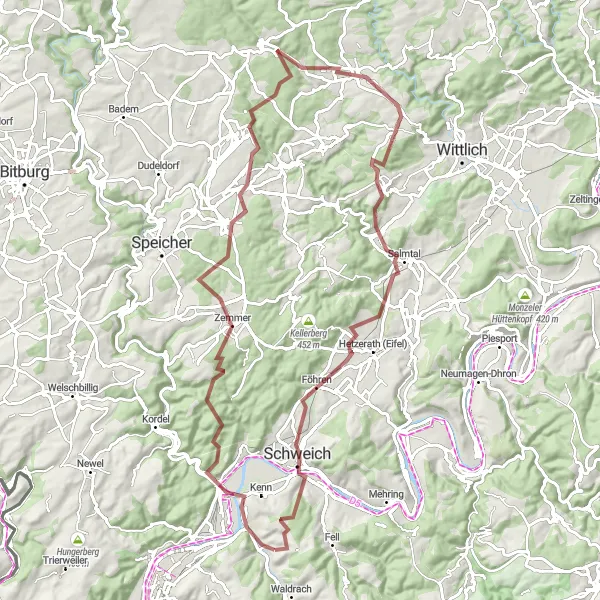 Map miniature of "Eitelsbach Gravel Exploration" cycling inspiration in Trier, Germany. Generated by Tarmacs.app cycling route planner