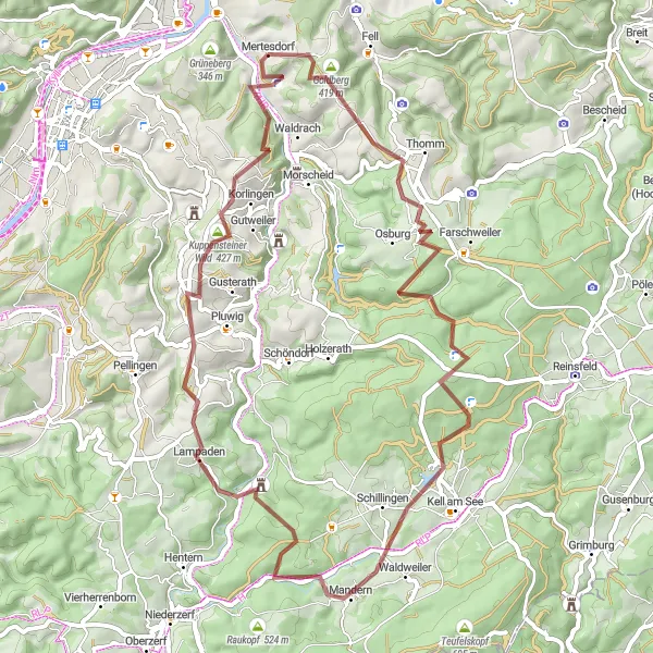 Karten-Miniaturansicht der Radinspiration "Durch Wald und Weinberge - Naturerlebnis von Mertesdorf aus" in Trier, Germany. Erstellt vom Tarmacs.app-Routenplaner für Radtouren