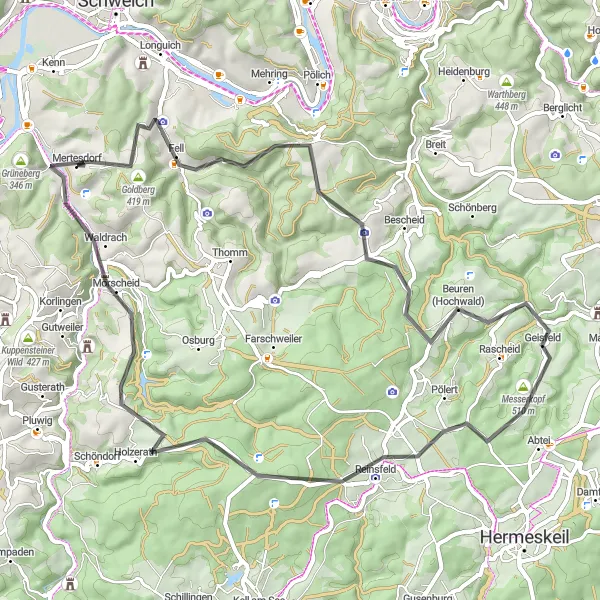 Map miniature of "Scenic Loop to Fell and Waldrach" cycling inspiration in Trier, Germany. Generated by Tarmacs.app cycling route planner