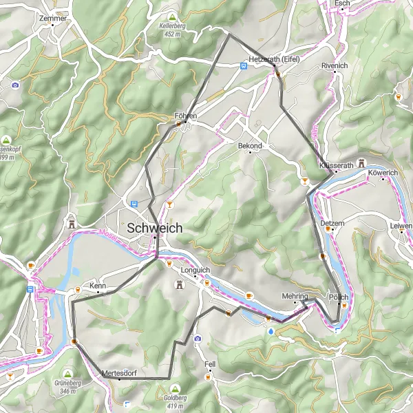 Map miniature of "Riol and Detzem Scenic Ride" cycling inspiration in Trier, Germany. Generated by Tarmacs.app cycling route planner