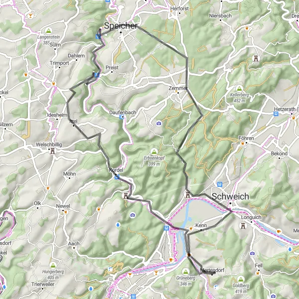 Karten-Miniaturansicht der Radinspiration "Mertesdorf - Trier - Schweich Rundweg" in Trier, Germany. Erstellt vom Tarmacs.app-Routenplaner für Radtouren