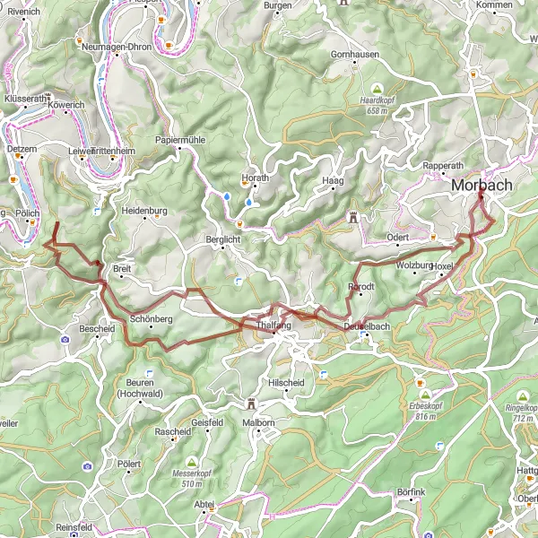 Map miniature of "Gravel Adventure Around Morbach" cycling inspiration in Trier, Germany. Generated by Tarmacs.app cycling route planner
