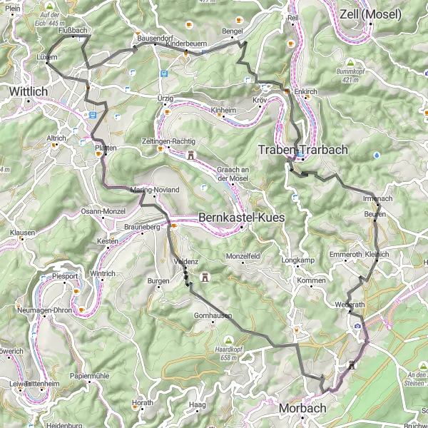 Map miniature of "Gem of the Eifel" cycling inspiration in Trier, Germany. Generated by Tarmacs.app cycling route planner
