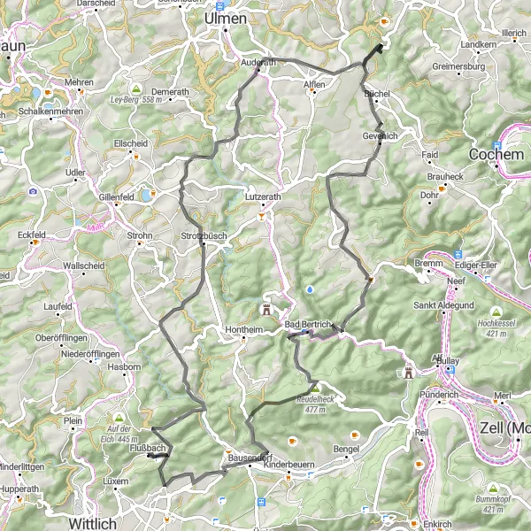 Map miniature of "Panoramic Eifel Ride" cycling inspiration in Trier, Germany. Generated by Tarmacs.app cycling route planner
