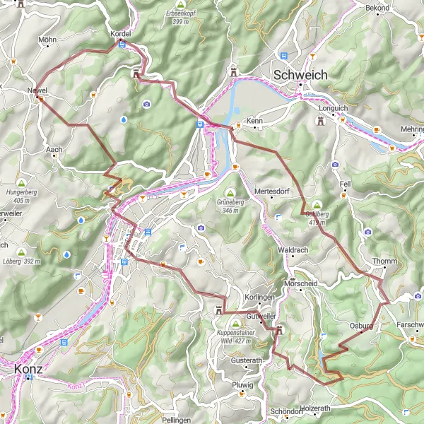 Karten-Miniaturansicht der Radinspiration "Abenteuer auf Schotterwegen" in Trier, Germany. Erstellt vom Tarmacs.app-Routenplaner für Radtouren