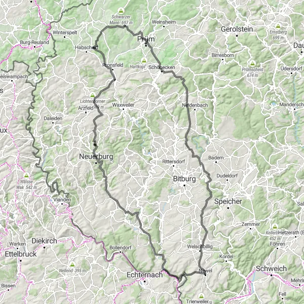 Map miniature of "Challenging Loop to Newel" cycling inspiration in Trier, Germany. Generated by Tarmacs.app cycling route planner