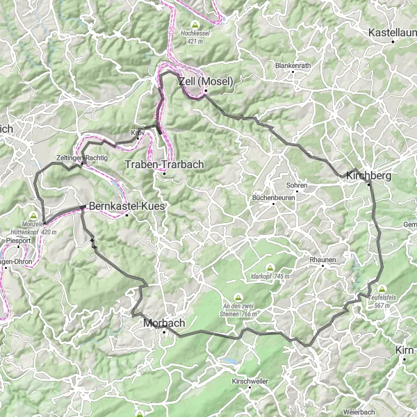 Map miniature of "Hills and Valleys" cycling inspiration in Trier, Germany. Generated by Tarmacs.app cycling route planner