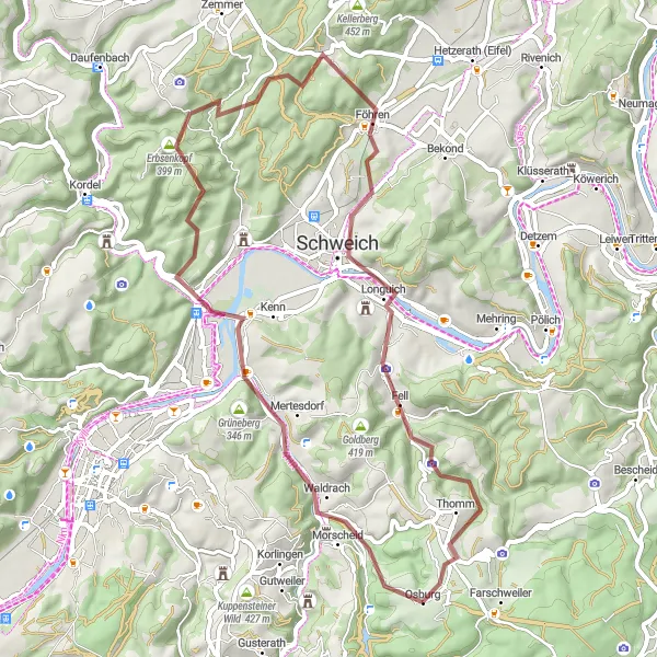 Karten-Miniaturansicht der Radinspiration "Erlebnisreiche Tour durch Waldrach und Osburg" in Trier, Germany. Erstellt vom Tarmacs.app-Routenplaner für Radtouren