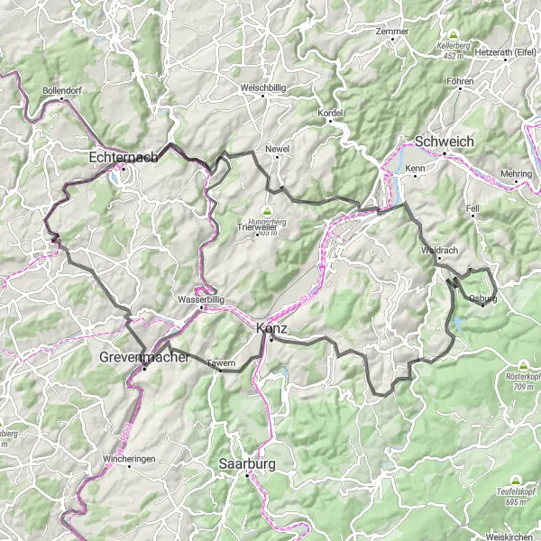Map miniature of "The Ultimate Trier Road Cycling Experience" cycling inspiration in Trier, Germany. Generated by Tarmacs.app cycling route planner