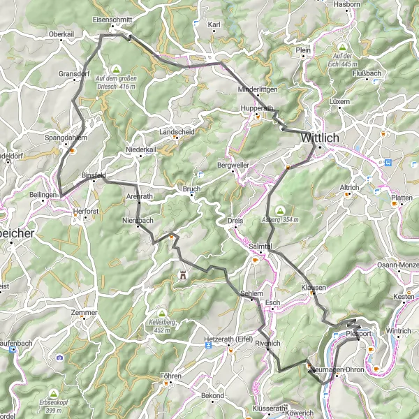 Map miniature of "Trier to Wittlich Scenic Route" cycling inspiration in Trier, Germany. Generated by Tarmacs.app cycling route planner