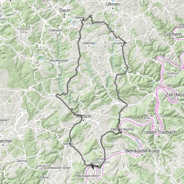 Map miniature of "Trier to Wittlich Loop" cycling inspiration in Trier, Germany. Generated by Tarmacs.app cycling route planner