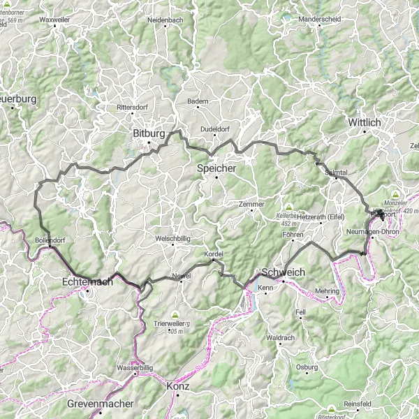 Map miniature of "Trier to Echternach Loop" cycling inspiration in Trier, Germany. Generated by Tarmacs.app cycling route planner