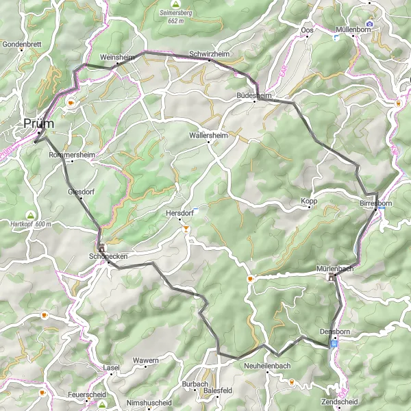 Karten-Miniaturansicht der Radinspiration "Road-Tour von Prüm nach Rommersheim" in Trier, Germany. Erstellt vom Tarmacs.app-Routenplaner für Radtouren