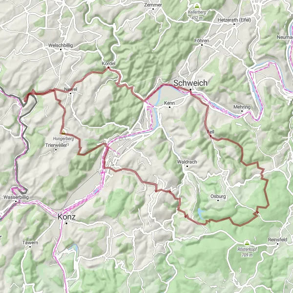 Map miniature of "Scenic Gravel Cycling Route to Kordel and Sommersdorf" cycling inspiration in Trier, Germany. Generated by Tarmacs.app cycling route planner