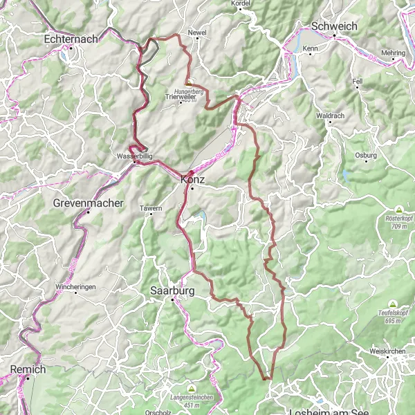 Map miniature of "Challenging Gravel Tour through Pellingen and Ockfen" cycling inspiration in Trier, Germany. Generated by Tarmacs.app cycling route planner