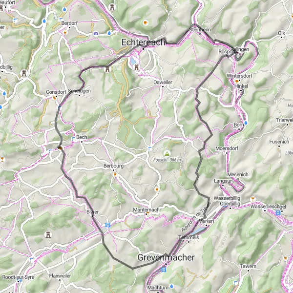 Map miniature of "Rosport and Beyond" cycling inspiration in Trier, Germany. Generated by Tarmacs.app cycling route planner