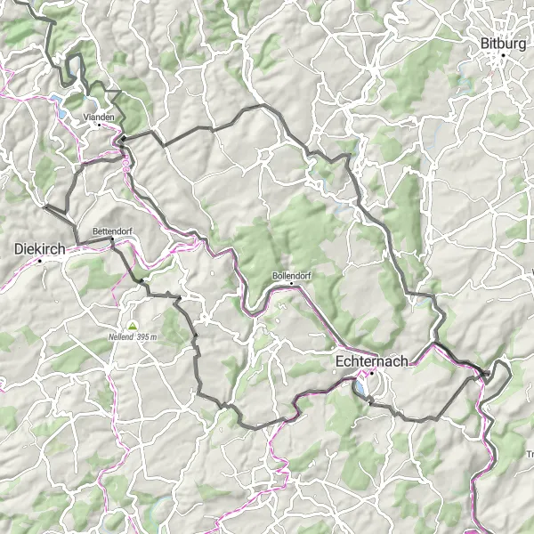 Map miniature of "Mullerthal Road Cycling Route to Ierelchen and Hüttingen bei Lahr" cycling inspiration in Trier, Germany. Generated by Tarmacs.app cycling route planner