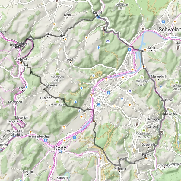 Map miniature of "From Ralingen to Trier and Rosport" cycling inspiration in Trier, Germany. Generated by Tarmacs.app cycling route planner