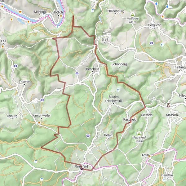 Map miniature of "Hohe Wurzel Loop" cycling inspiration in Trier, Germany. Generated by Tarmacs.app cycling route planner