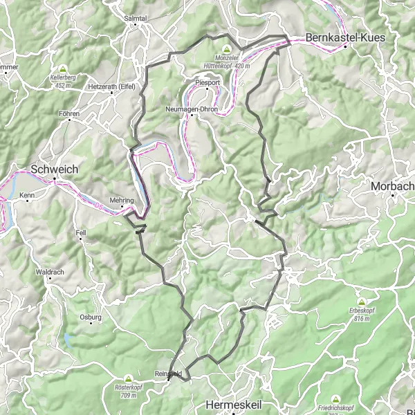 Map miniature of "Magnificent Moselle Road Cycling Tour" cycling inspiration in Trier, Germany. Generated by Tarmacs.app cycling route planner