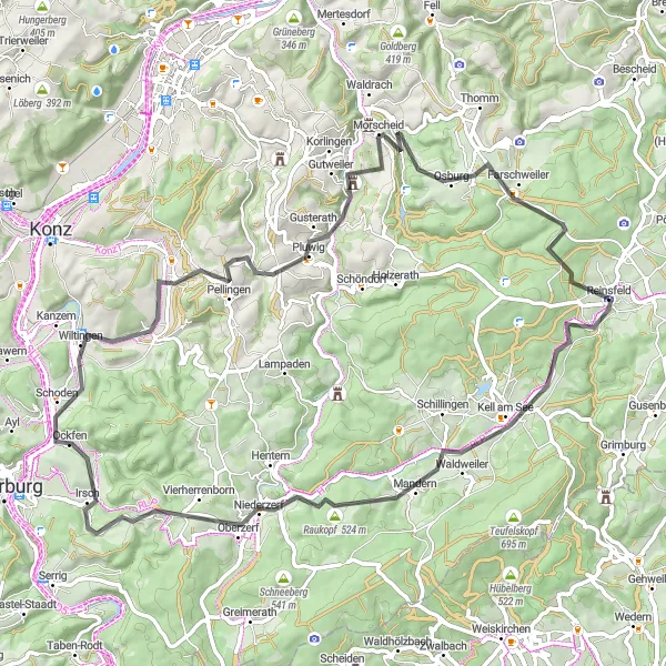 Karten-Miniaturansicht der Radinspiration "Erklimmen Sie die Gipfel um Reinsfeld" in Trier, Germany. Erstellt vom Tarmacs.app-Routenplaner für Radtouren