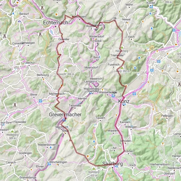 Map miniature of "Scenic Gravel Tour: Saarburg to Schoden" cycling inspiration in Trier, Germany. Generated by Tarmacs.app cycling route planner