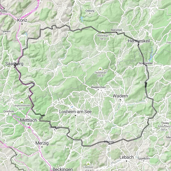 Map miniature of "Saarburg Hills Circuit" cycling inspiration in Trier, Germany. Generated by Tarmacs.app cycling route planner