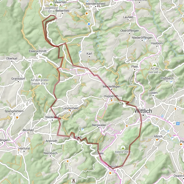 Map miniature of "Salmtal Gravel Adventure" cycling inspiration in Trier, Germany. Generated by Tarmacs.app cycling route planner