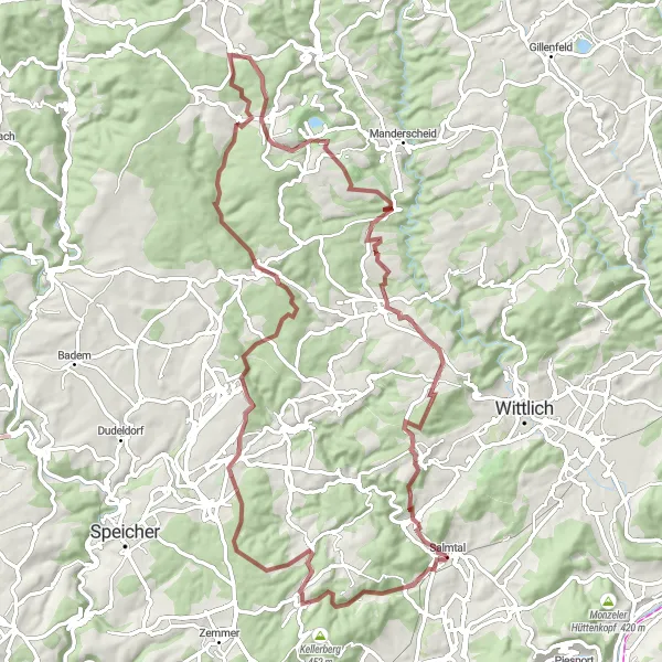 Map miniature of "Maars and Moorlands" cycling inspiration in Trier, Germany. Generated by Tarmacs.app cycling route planner