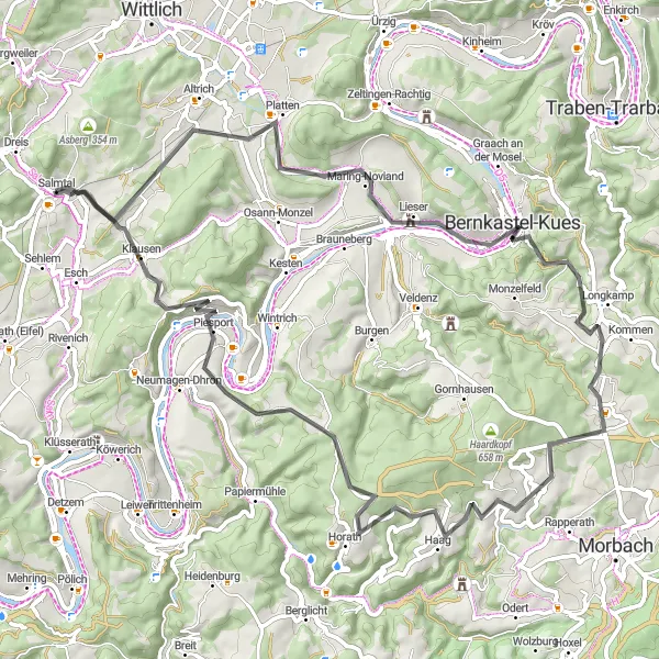 Map miniature of "Mosel Valley Road Ride" cycling inspiration in Trier, Germany. Generated by Tarmacs.app cycling route planner