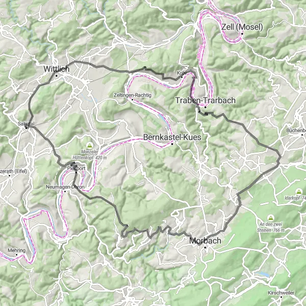 Map miniature of "Mosel Loop" cycling inspiration in Trier, Germany. Generated by Tarmacs.app cycling route planner