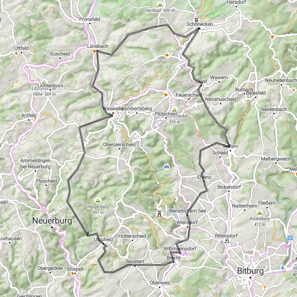 Map miniature of "The Road Challenge" cycling inspiration in Trier, Germany. Generated by Tarmacs.app cycling route planner