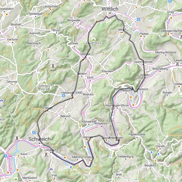 Map miniature of "The Steinhäufchen Loop" cycling inspiration in Trier, Germany. Generated by Tarmacs.app cycling route planner
