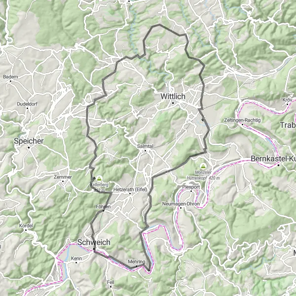 Map miniature of "Schweich - Angelberg Loop" cycling inspiration in Trier, Germany. Generated by Tarmacs.app cycling route planner