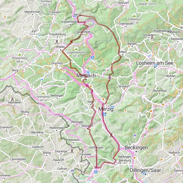 Karten-Miniaturansicht der Radinspiration "Merzig und Taben-Rodt Erkundung" in Trier, Germany. Erstellt vom Tarmacs.app-Routenplaner für Radtouren