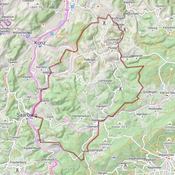 Karten-Miniaturansicht der Radinspiration "Gutweiler und Saarburg Abenteuer" in Trier, Germany. Erstellt vom Tarmacs.app-Routenplaner für Radtouren