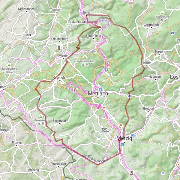 Map miniature of "The Saarfels Gravel Adventure" cycling inspiration in Trier, Germany. Generated by Tarmacs.app cycling route planner