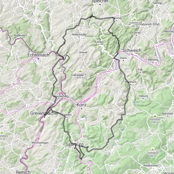 Map miniature of "Saar River Loop" cycling inspiration in Trier, Germany. Generated by Tarmacs.app cycling route planner