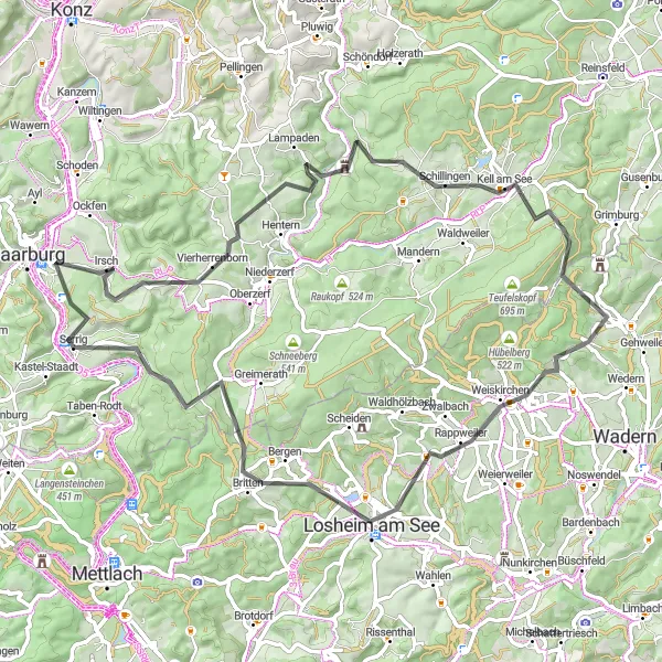 Karten-Miniaturansicht der Radinspiration "Kell am See und Umgebung" in Trier, Germany. Erstellt vom Tarmacs.app-Routenplaner für Radtouren