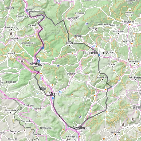 Karten-Miniaturansicht der Radinspiration "Radtour durch die saarländische Landschaft" in Trier, Germany. Erstellt vom Tarmacs.app-Routenplaner für Radtouren