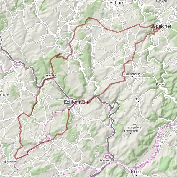 Map miniature of "Adventures in Echternach" cycling inspiration in Trier, Germany. Generated by Tarmacs.app cycling route planner
