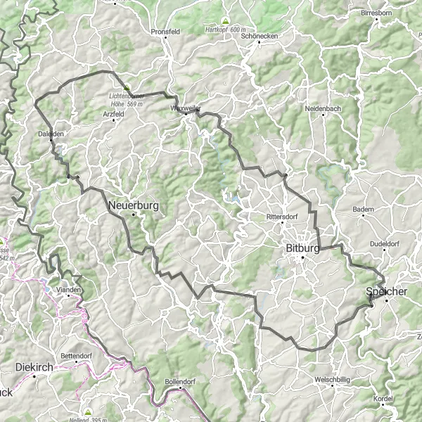 Karten-Miniaturansicht der Radinspiration "Herausfordernde Tour durch die Eifel" in Trier, Germany. Erstellt vom Tarmacs.app-Routenplaner für Radtouren
