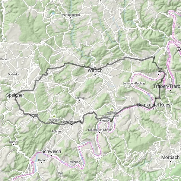 Map miniature of "The Eifel Mountain Challenge" cycling inspiration in Trier, Germany. Generated by Tarmacs.app cycling route planner