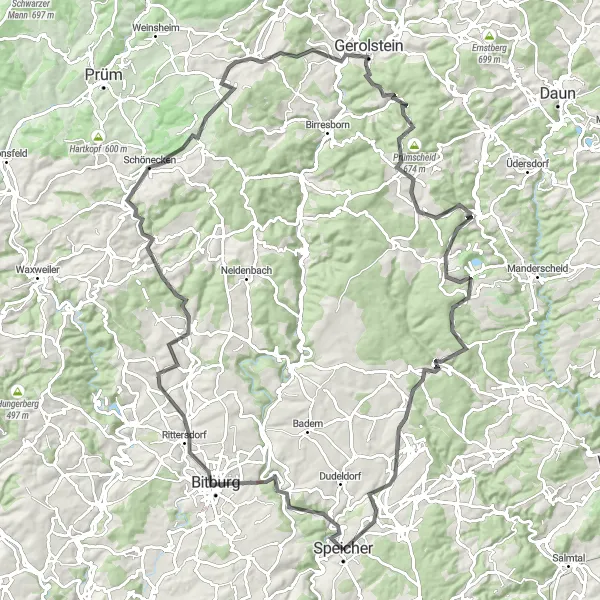Map miniature of "The Bitburg Adventure" cycling inspiration in Trier, Germany. Generated by Tarmacs.app cycling route planner