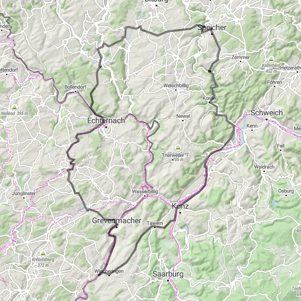 Map miniature of "The Moselle Challenge" cycling inspiration in Trier, Germany. Generated by Tarmacs.app cycling route planner