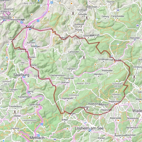 Map miniature of "Gravel Adventures" cycling inspiration in Trier, Germany. Generated by Tarmacs.app cycling route planner